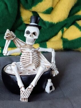 Skeleton Figurine with Top Hat and Cauldron - White & Black From County door